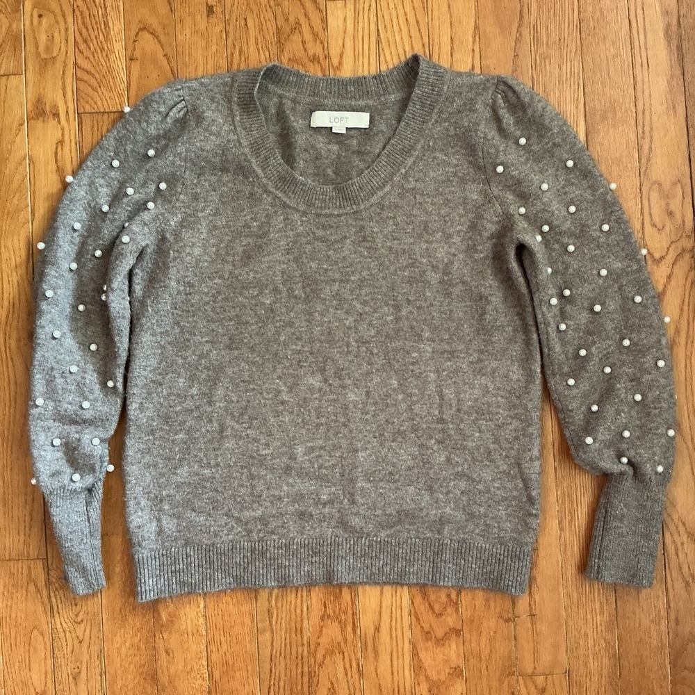 Women's LOFT Outlet Gray Pearl Embellished Crewneck Sweater Medium